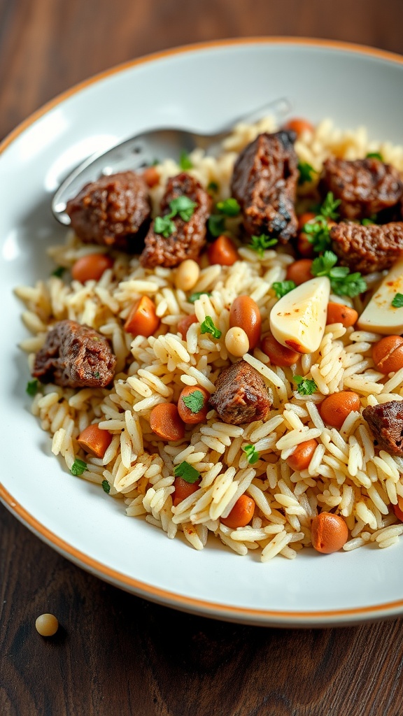 A plate of spiced lamb and rice pilaf garnished with herbs and served with a fork.