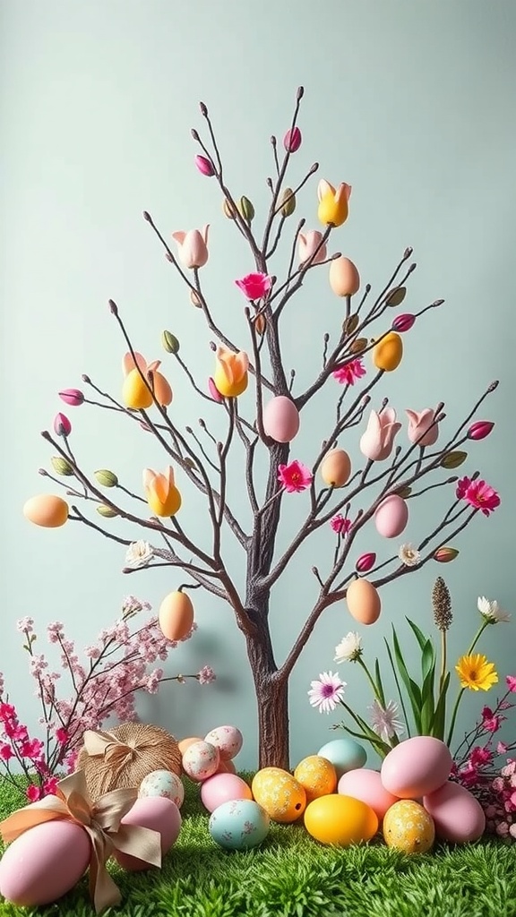 Easter tree decorated with pastel colored eggs and flowers, surrounded by greenery and additional eggs.