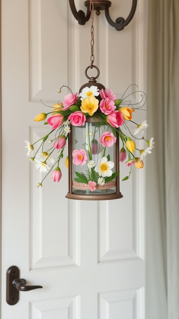 A beautifully decorated lantern with spring flowers hanging near a door.