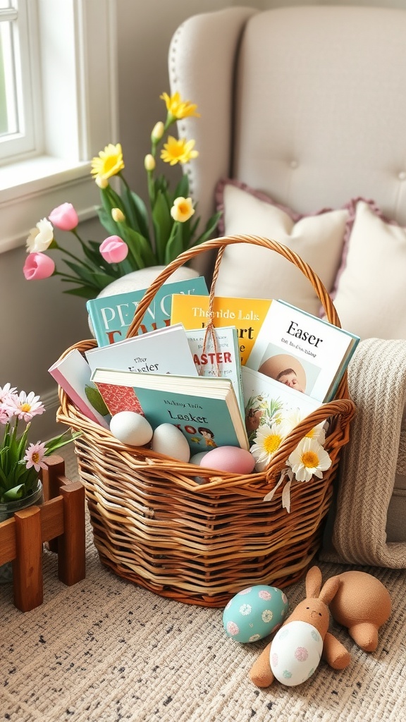 A wicker basket filled with books and decorative eggs, set next to a chair with flowers in the background.