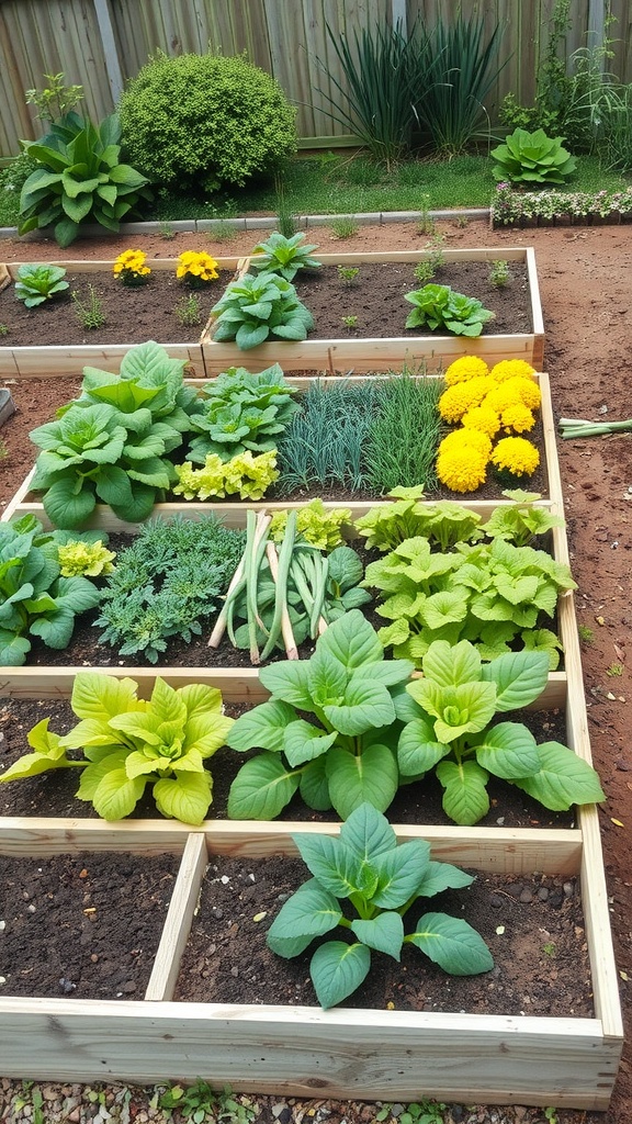 A raised bed garden with various vegetables and flowers organized in a square foot gardening layout.