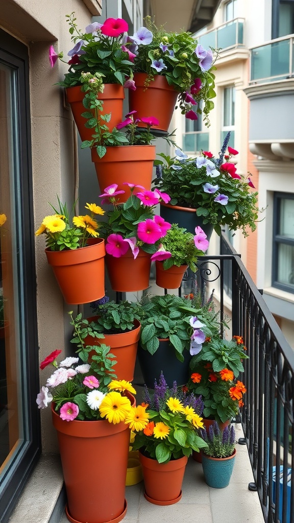 A stacked planter tower with colorful flowers in terracotta pots on a balcony.