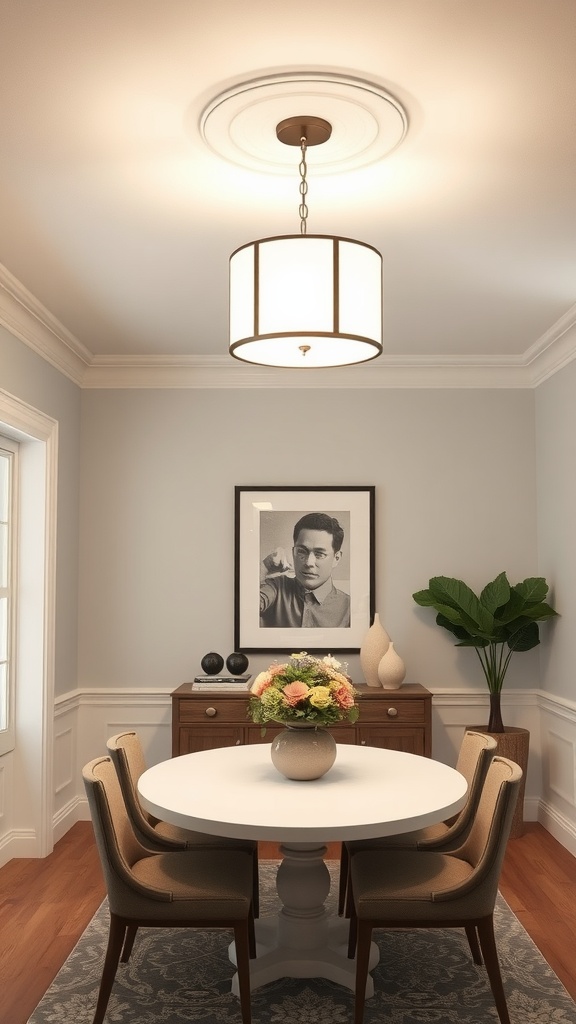 A stylish dining room featuring a flush mount light fixture above a round table.