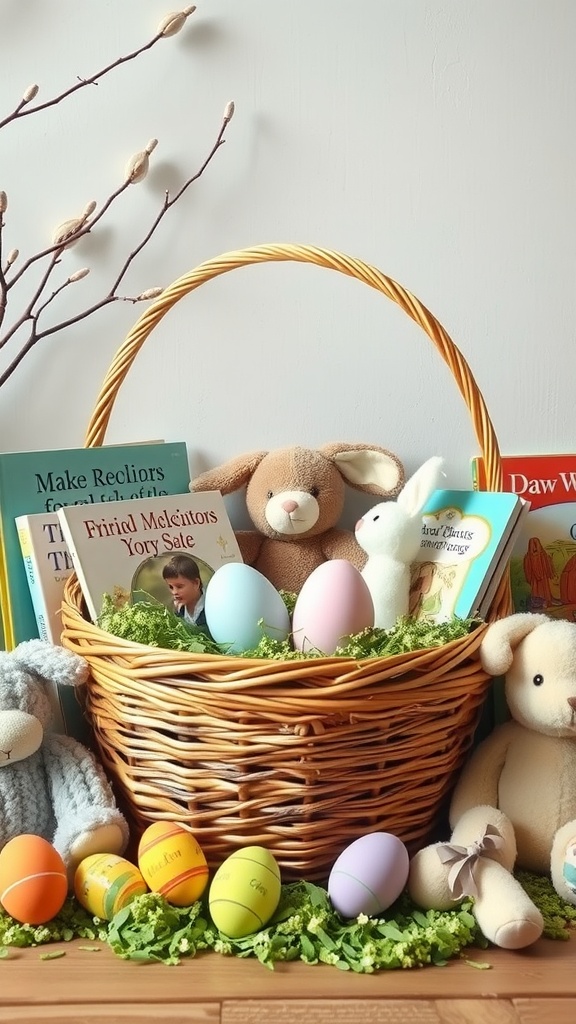 A colorful Easter basket filled with storybooks, plush toys, and decorated eggs.