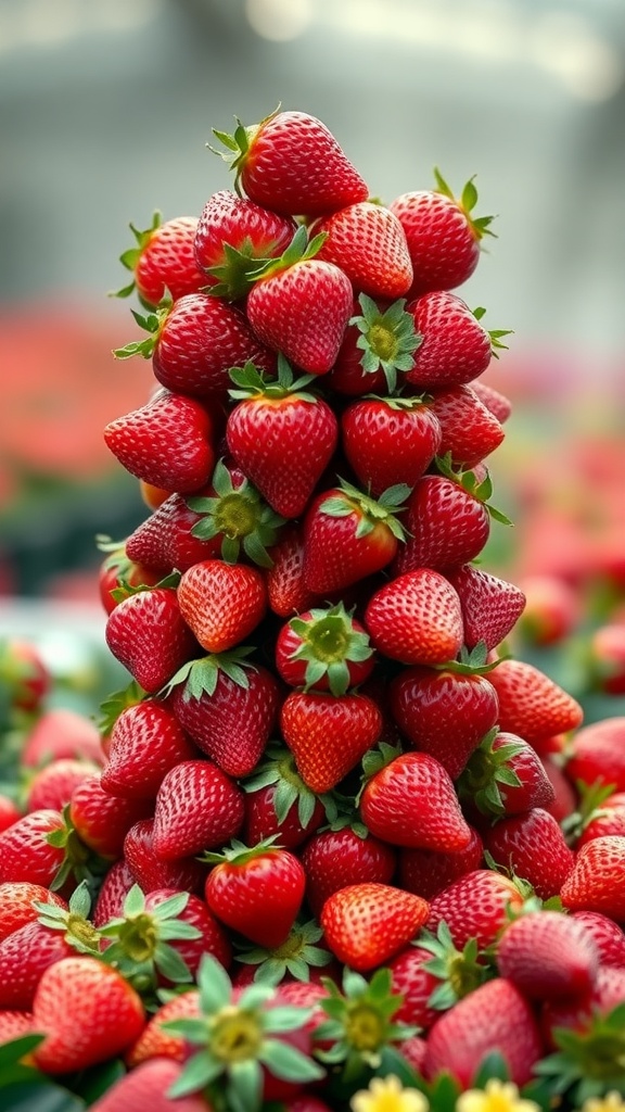 A vibrant stack of fresh strawberries arranged in a tower.