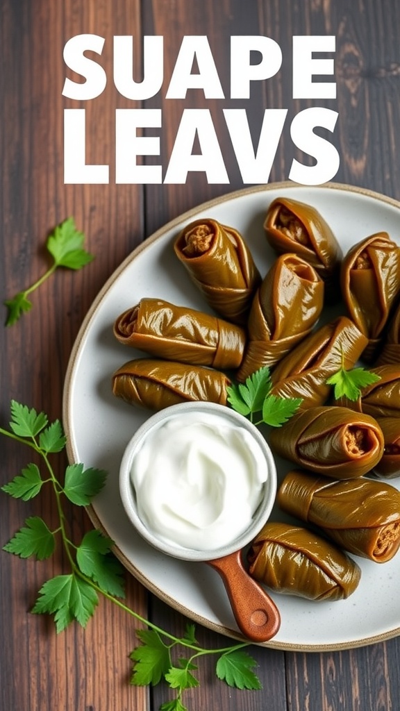 A plate of stuffed grape leaves (dolma) with yogurt and fresh herbs.