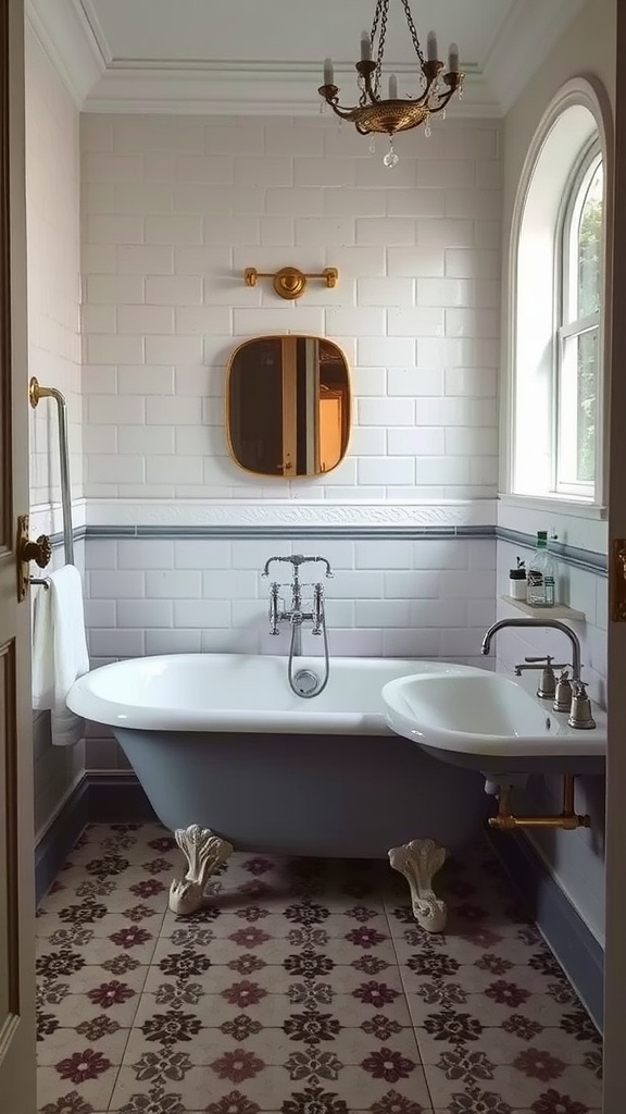 Stylish bathroom featuring a clawfoot tub, patterned tiles, and elegant lighting.