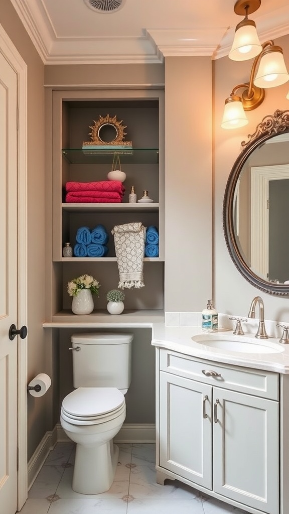 A stylish bathroom showcasing a glass door linen cabinet filled with colorful towels and decorative items.