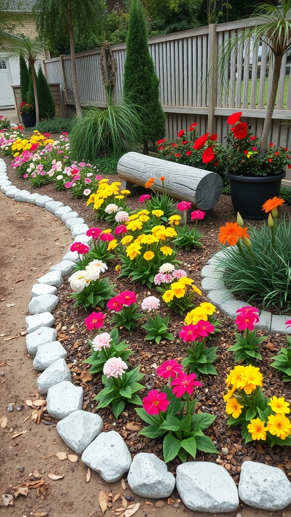 A garden with colorful flowers bordered by hypertufa stones.