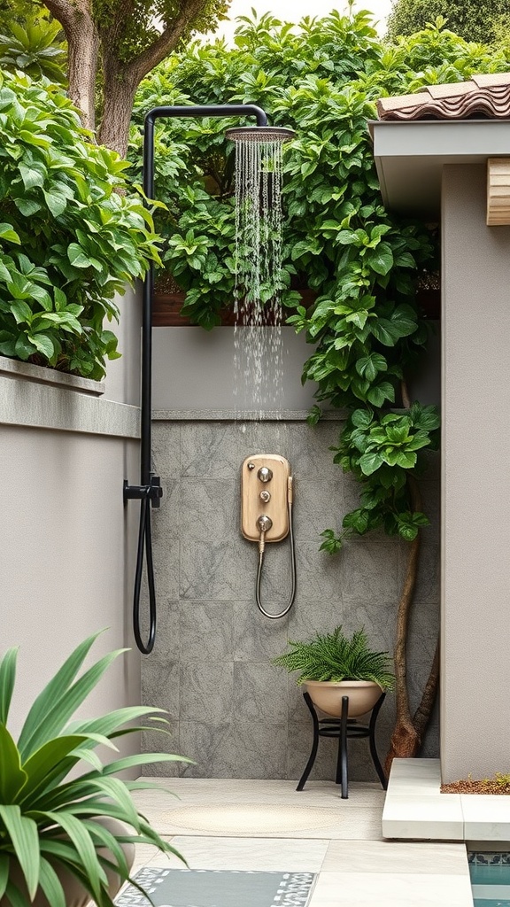 Stylish outdoor shower area with lush greenery and modern fixtures.