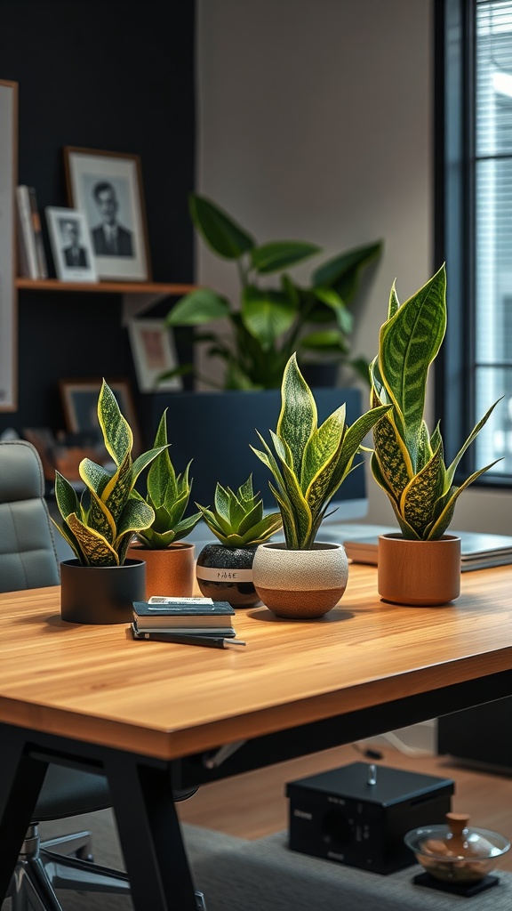 Stylish arrangement of snake plants in various pots on a wooden table.