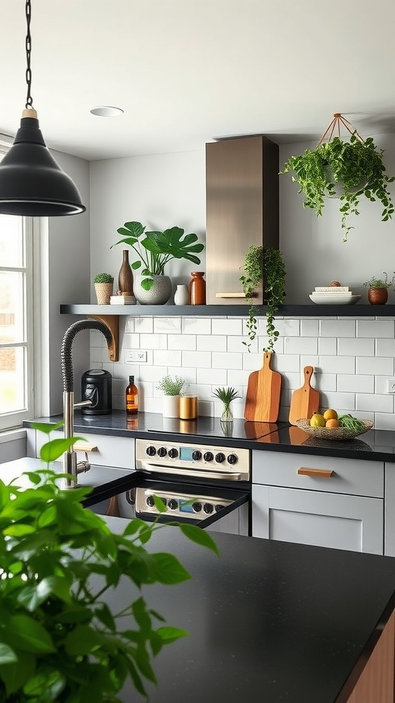 A stylish kitchen featuring black countertops and various green plants, creating a balanced and inviting atmosphere.