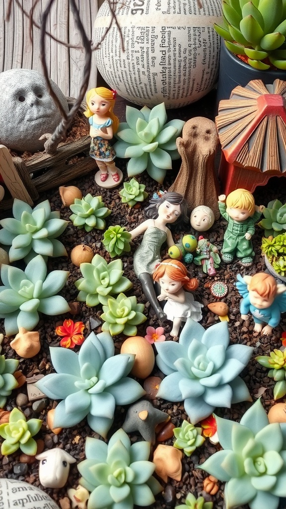 A colorful arrangement of succulents and miniature fairy figurines in a garden setting.