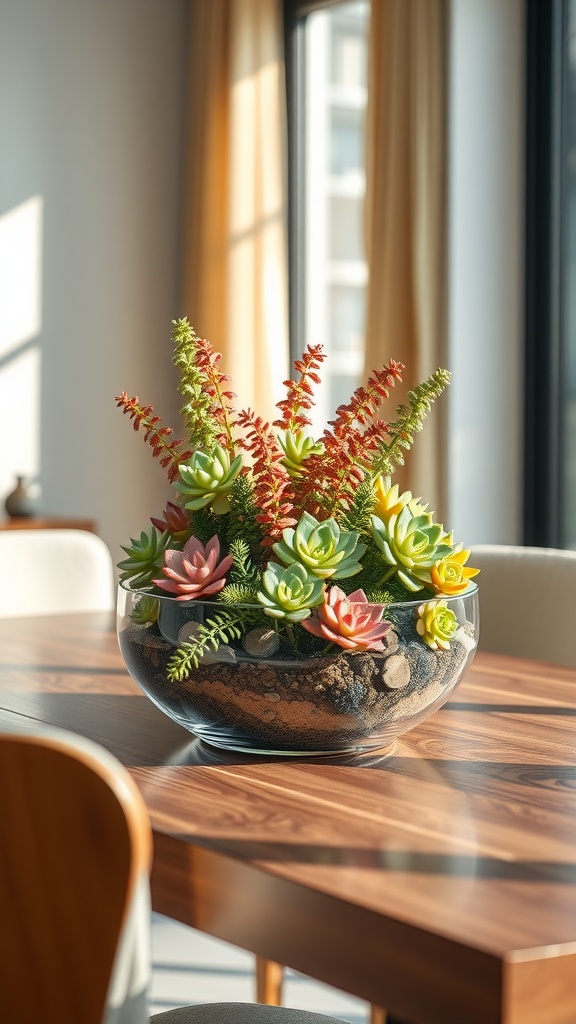 A beautiful succulent terrarium centerpiece featuring various colorful succulents in a glass bowl.