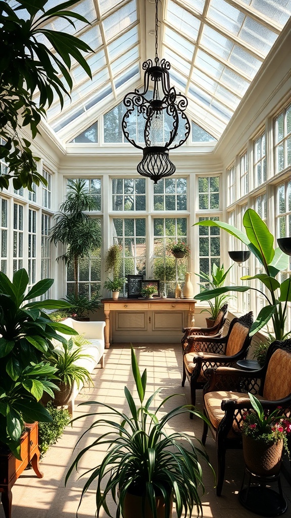 A bright and airy conservatory with a chandelier, surrounded by various plants and comfortable seating.