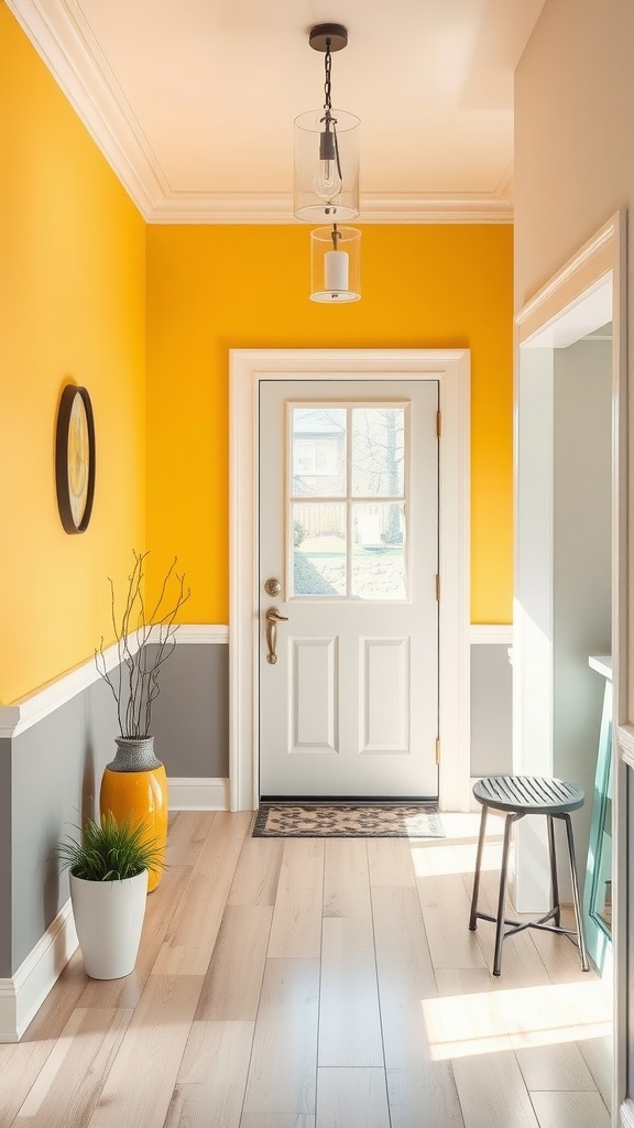 A hallway featuring a sunny yellow wall above a soft gray wall, separated by a white chair rail.