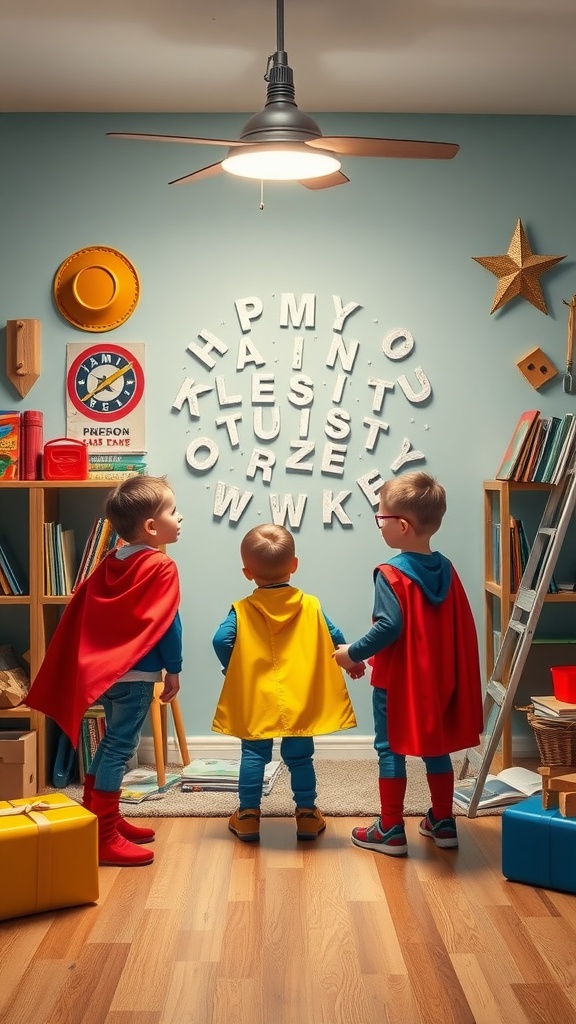 Kids dressed as superheroes in a colorful playroom with letters on the wall.