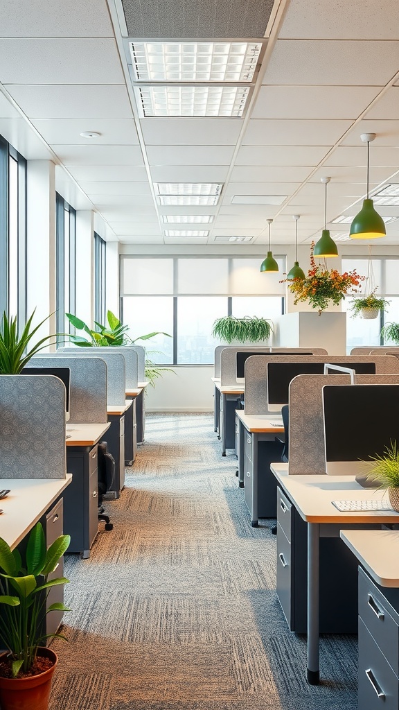 An eco-friendly office cubicle design featuring plants and natural light.