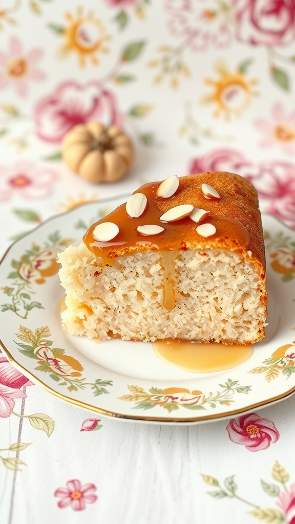 A slice of sweet semolina cake drizzled with syrup and topped with almonds on a floral plate.