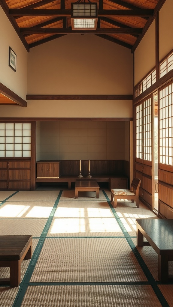 A serene living room featuring tatami mats, wooden furniture, and a high ceiling with natural light.