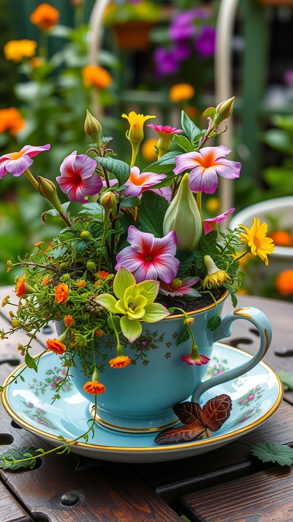 A beautifully arranged tea cup garden featuring vibrant flowers and greenery.