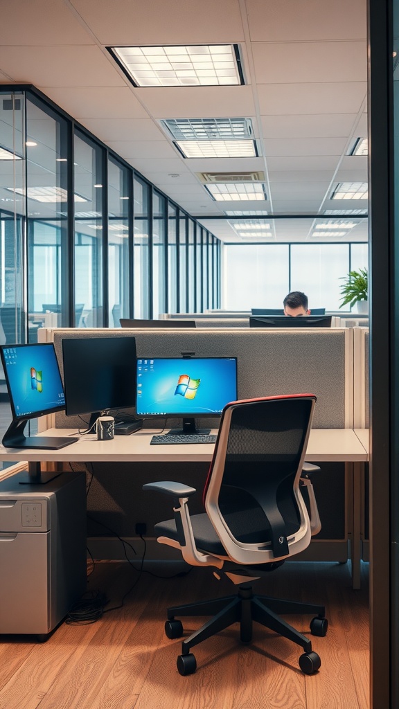 A modern office cubicle with dual monitors, a stylish chair, and large windows.