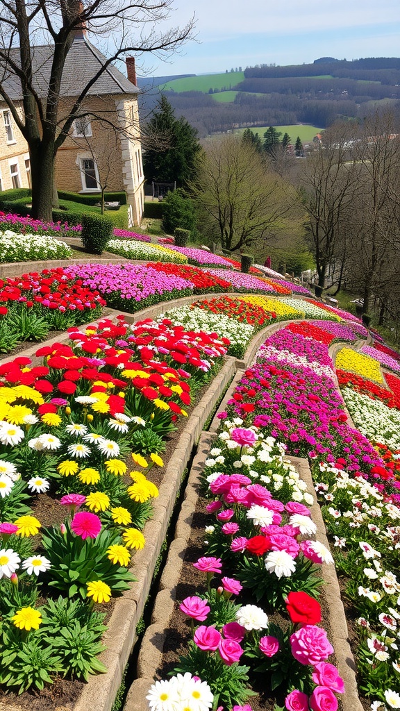 Colorful terraced flower beds with various blooming flowers.