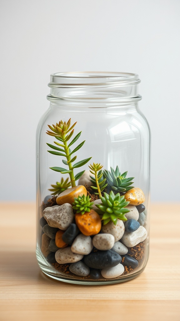 A terrarium in a glass jar filled with small plants and pebbles.