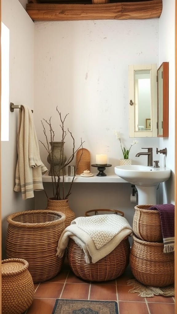 A cozy rustic bathroom featuring woven baskets and textured fabrics.