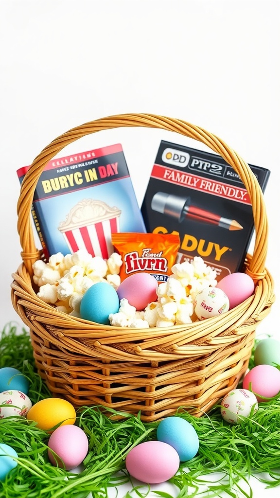 A basket filled with popcorn, candy, colorful eggs, and movie DVDs for a themed movie night.