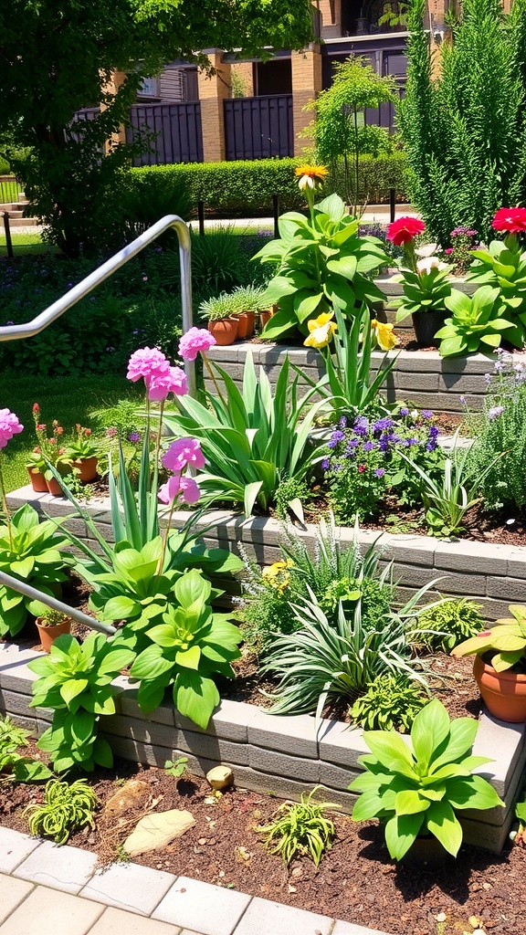 A vibrant tiered garden bed with colorful flowers and plants.