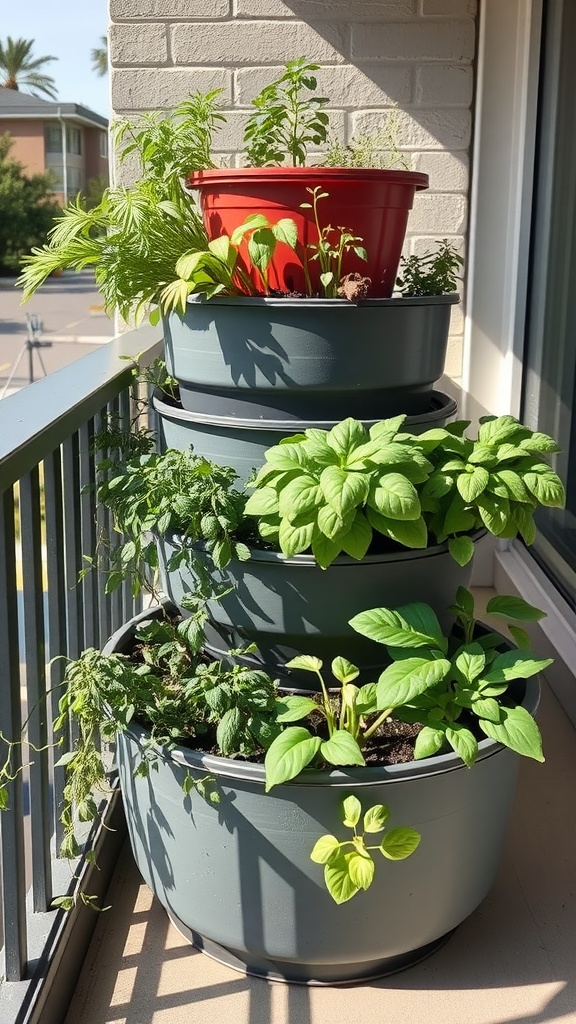 A tiered herb garden planter with various green herbs in stacked pots on a balcony.