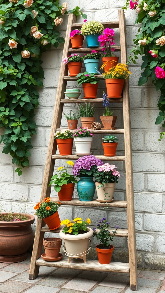 A wooden ladder with various colorful flower pots arranged on each step, set against a light-colored wall with climbing plants.