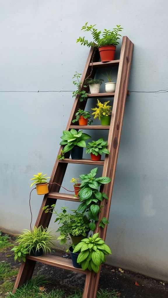 A wooden ladder planter featuring several potted plants arranged on its steps.