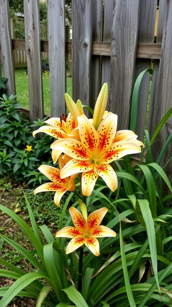 Tiger lilies with vibrant orange petals and dark spots, growing in a garden setting.