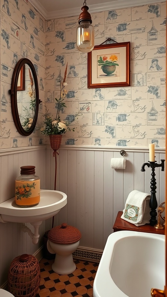 A vintage-style bathroom with floral wallpaper, a round mirror, and rustic decor.