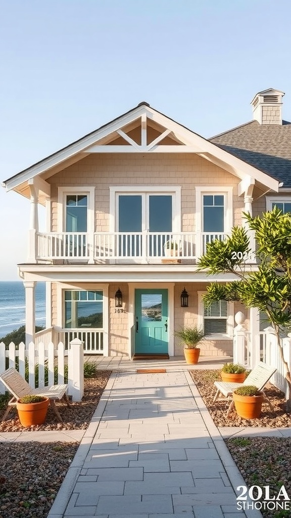 A beachside house with a light blue door and spacious porch, surrounded by potted plants and a view of the ocean.