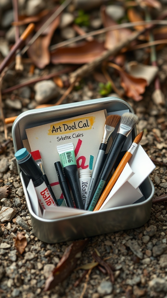 An Altoid tin filled with various small art supplies like brushes, pens, and paper.