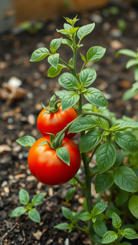 Tomato plant with red tomatoes and basil leaves in a garden setting.