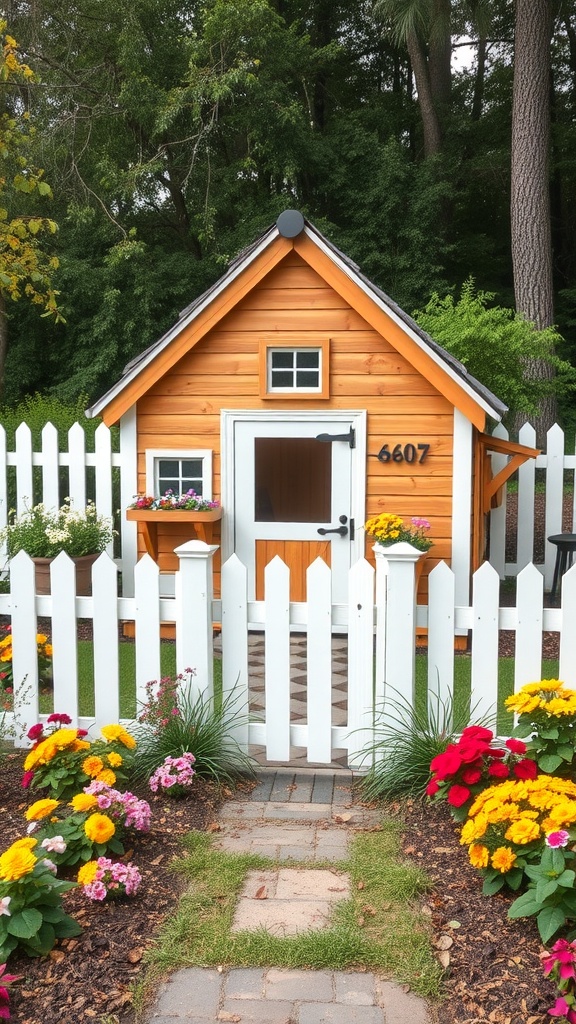 A-frame chicken coop with flower borders and white picket fence.