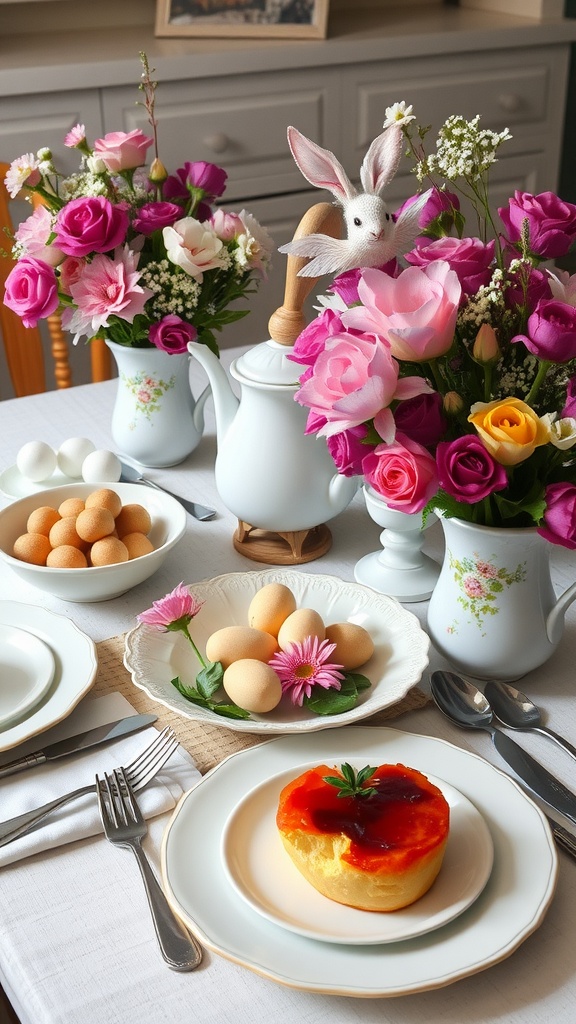 A beautifully set Easter brunch table with flowers, eggs, and a heart-shaped dessert.