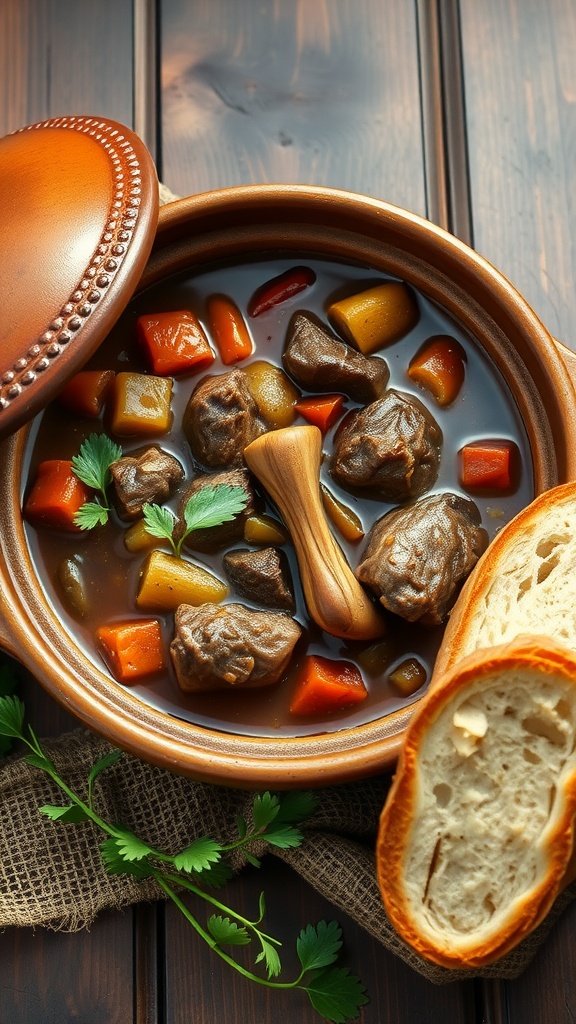 A bowl of traditional lamb stew with vegetables and bread on the side.