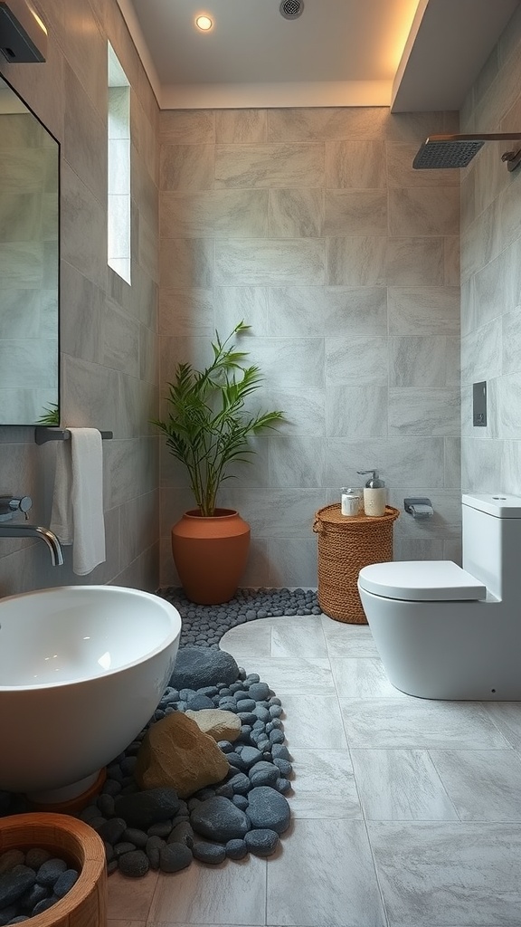 A serene bathroom with a zen garden theme, featuring a round bathtub, smooth stones, and potted plants.