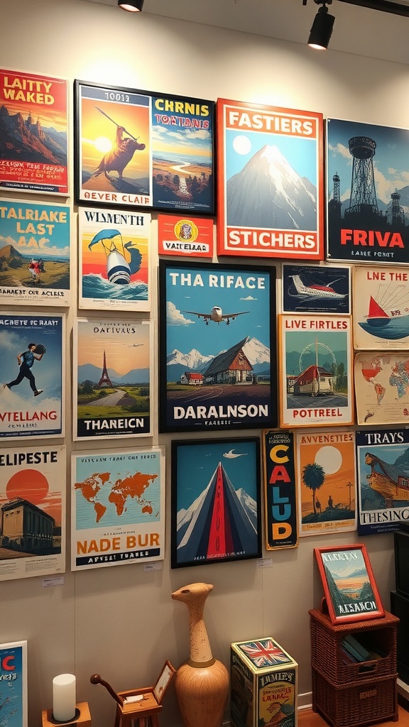 A collection of vintage travel posters on a gallery wall.