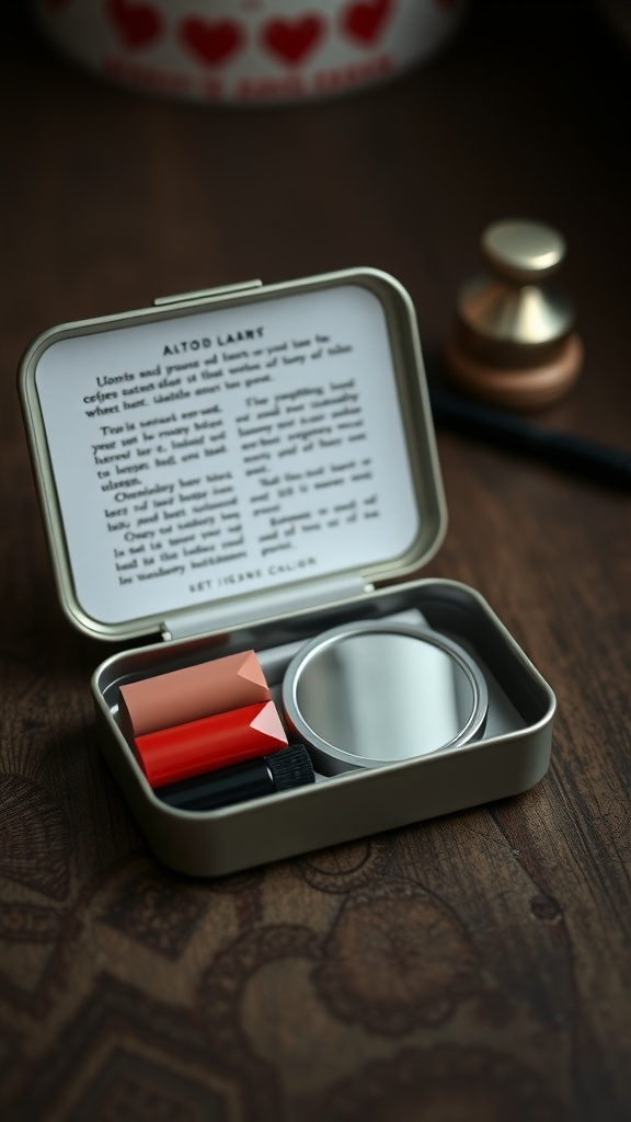 A small, neatly organized Altoid tin containing lipsticks and a mirror.