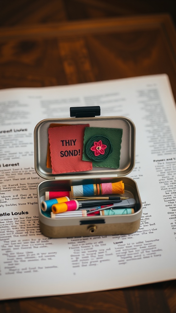 A neatly arranged travel sewing kit inside an Altoid tin, showcasing colorful threads and fabric swatches.