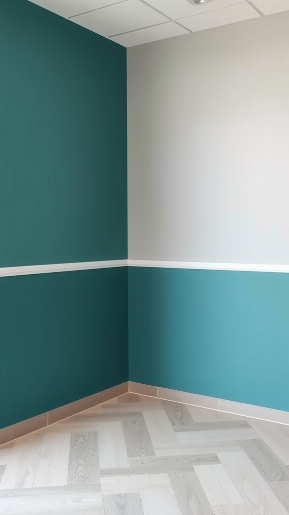 A corner of a room showcasing a teal wall and a light gray wall, separated by a white chair rail.