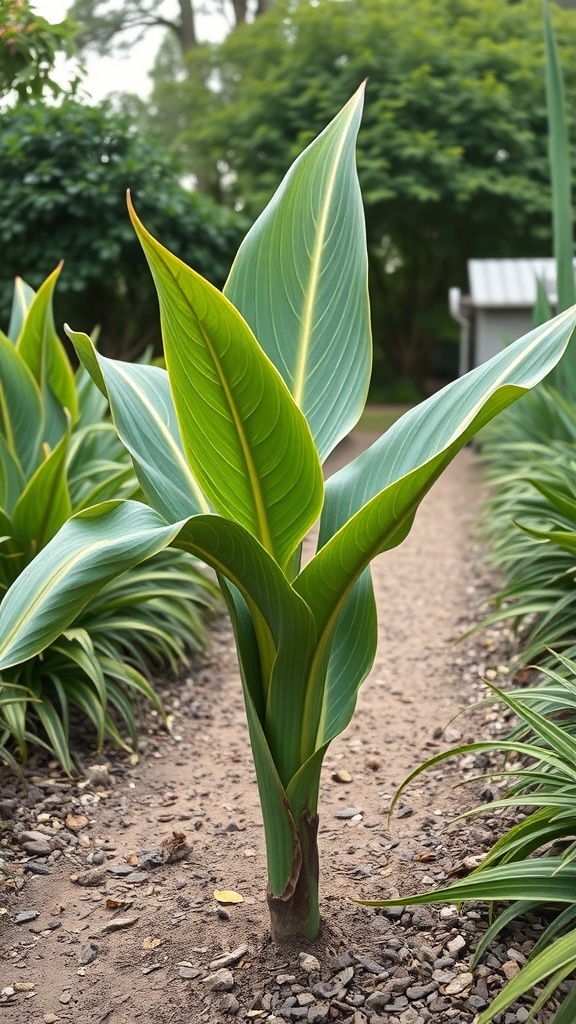 Alocasia plant with unique leaf shapes in a garden setting.