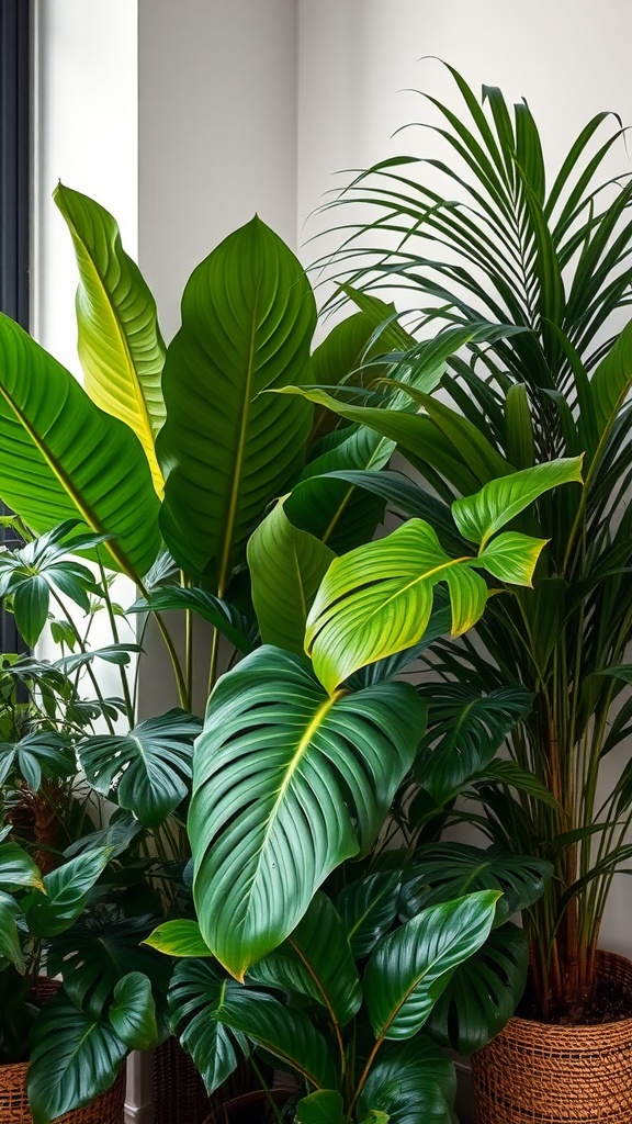 Tropical large leaf plants in a corner, adding a lush vibe to the space.