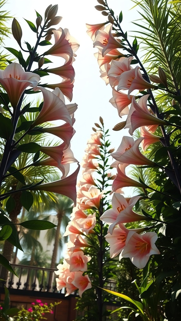 A vibrant display of tall trumpet lilies with pink and white flowers against a sunny background.